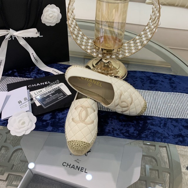 chanel2022最新頂級綿羊皮單鞋 香奈兒經典米布繡金標拼色漁夫鞋 dx3523